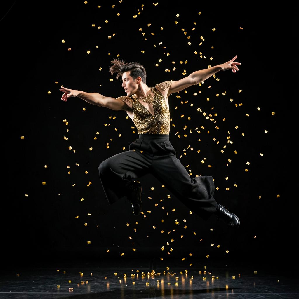 A dancer leaping mid-air as golden confetti falls on a dark stage
