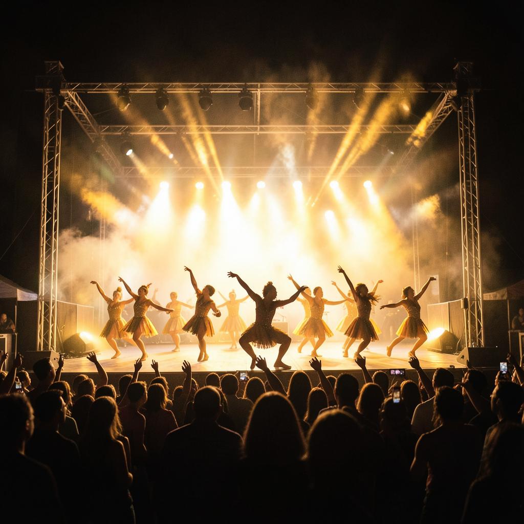 A dance troupe performing on a festival main-stage under warm golden lights